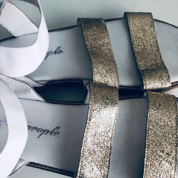 Free People Women's 10 Gold Leather Wood Platform Sole White Elastic Sandal - Picture 8 of 10